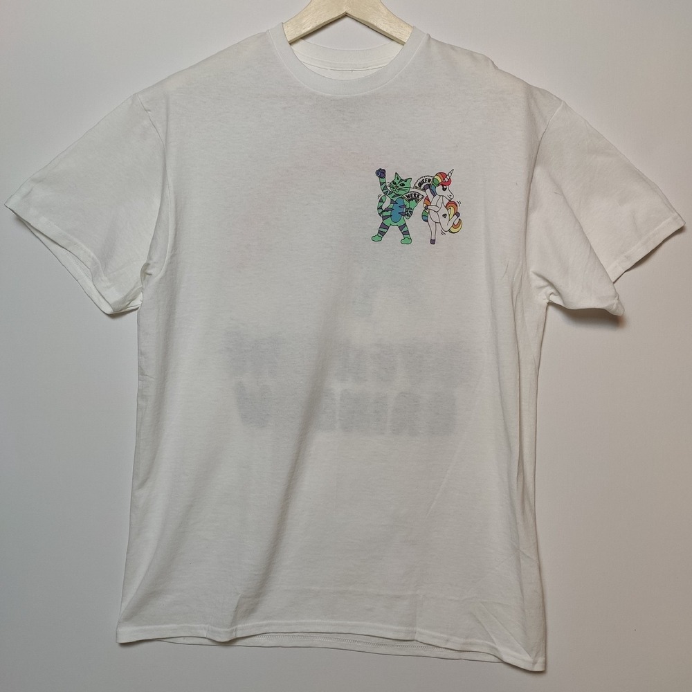 Hybrid Rainbow Cat Unicorn Queen Werk Graphic T-Shirt White Large